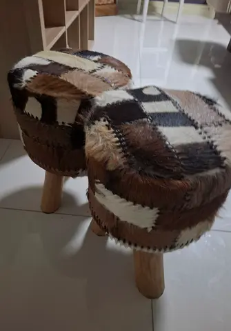Pair of Wooden Patchwork Fur Stools - Small Footstools