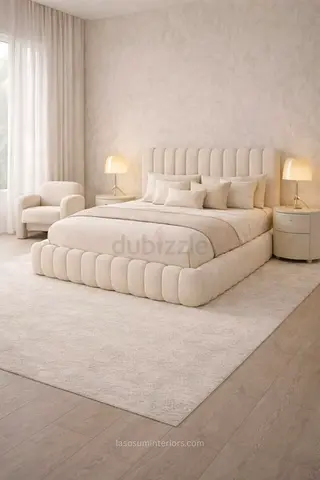 Beige Plush Upholstered King Bed with Headboard