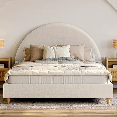 Semi round headboard boucle queen bed frame