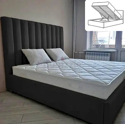 Upholstered Storage Bed with Tall Padded Headboard - Dark Grey, Queen/Double