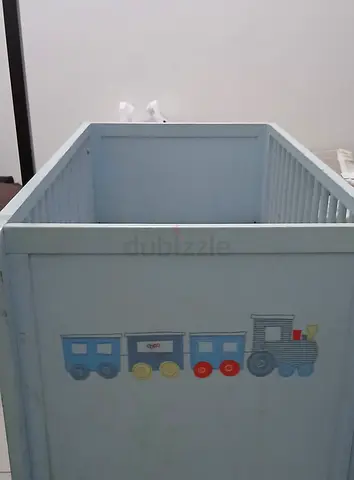 Wooden Baby Cot / Crib Box with Train Design - Blue