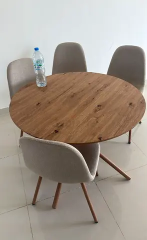 Round Wooden Dining Table with 4 Upholstered Chairs - Light Oak