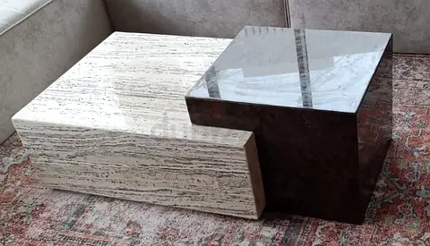 Pair of Marble Coffee Tables - Interlocking Black and White