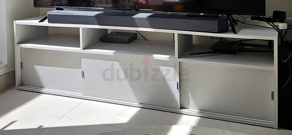 TV bench, light grey, 155x32x44 cm with sliding doors and open shelf