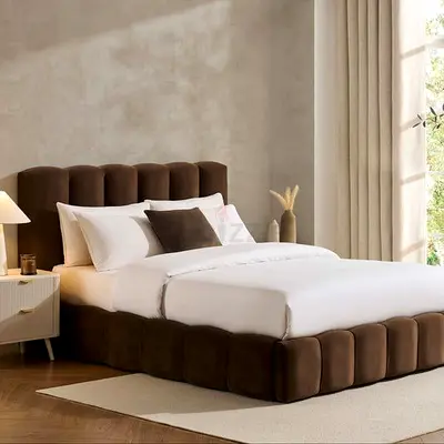 Brown Upholstered Plush Bed with Padded Headboard (Queen/Double)