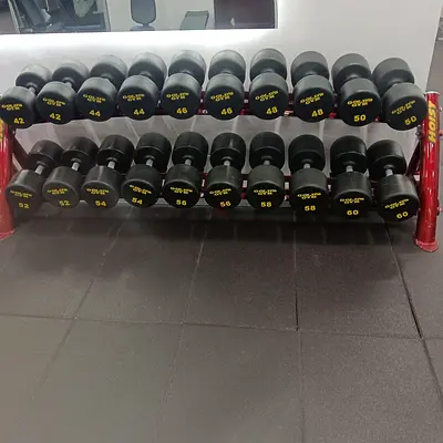Set of Rubber Coated Dumbbells on Rack — 42kg to 60kg (Gym Equipment)