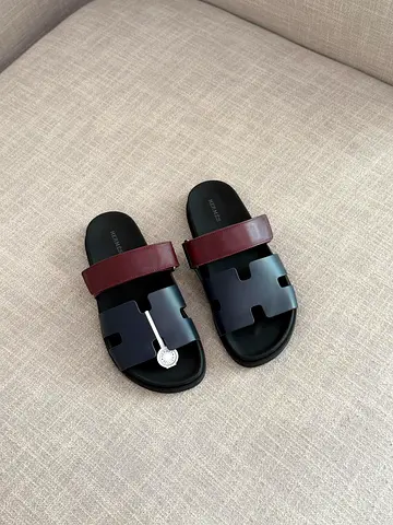 Mens Slide Sandals - Black with Brown Strap, Hermes