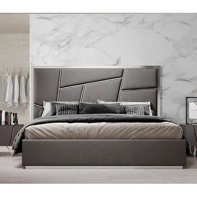 Modern Grey Upholstered King Bed with Geometric Headboard