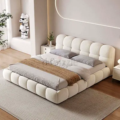 Low-profile tufted upholstered platform bed in cream (double/queen)