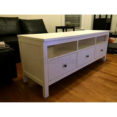 White TV Unit / Media Console with 3 Drawers and Open Shelves