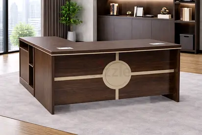 Modern L-Shaped Executive Office Desk – Walnut Khakie Office Desk with Cabinet For Office