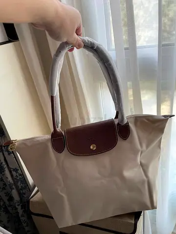 Beige Longchamp-style Tote Bag with Brown Leather Trim — New (Large)