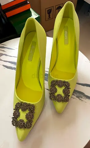 Lime Green Pointed Toe Heels with Crystal Buckle - Size Unknown