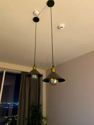 Pair of modern black  brass hanging pendant lamps - good condition