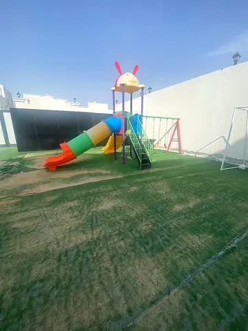 Outdoor kids playset with colorful tunnel slide and climbing frame