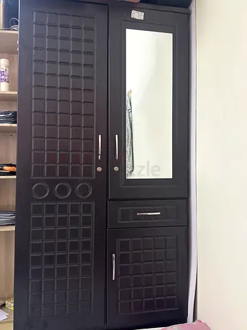 Black Wooden Wardrobe with Mirror and Lockable Drawers - Good Condition