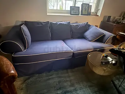 Comfortable Navy Blue 3-Seater Sofa with Piped Trim x 2, Side tables x 2,