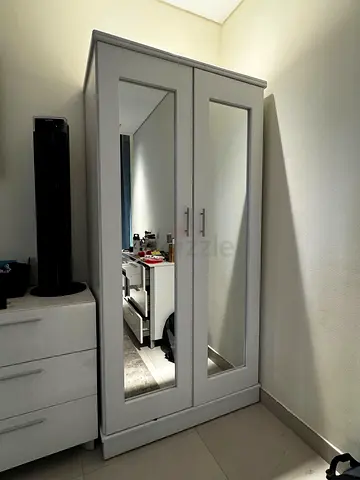 White Double-Door Wardrobe with Mirrors — Fair Condition