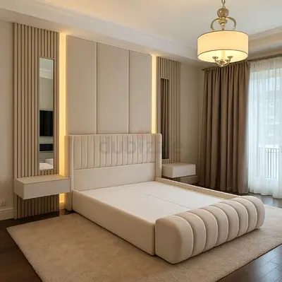 Modern Upholstered King Bed with Padded Headboard and Low Footboard (Beige)