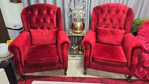 Pair of Red Velvet Armchairs - Comfortable Classic Design