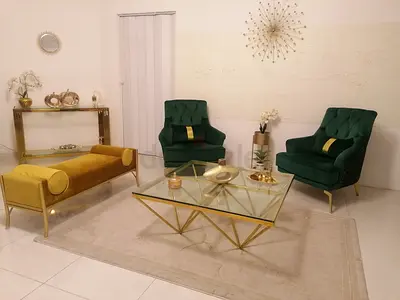 Green Velvet Accent Chairs with Gold Coffee Table and Bench - Living Room Set and Gold Console