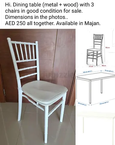 Metal and Wood Dining Table with 3 White Chairs - Good Condition
