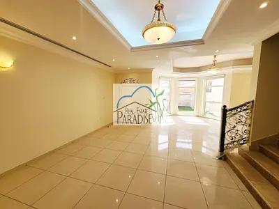 away from fly zone semi independent 4 bedrooms all master/ two separate living & dinning/maids room/elevator/private swimming pool/ for rent in mirdif