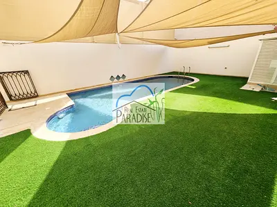 away from fly zone semi independent 4 bedrooms all master/ two separate living & dinning/maids room/elevator/private swimming pool/ for rent in mirdif