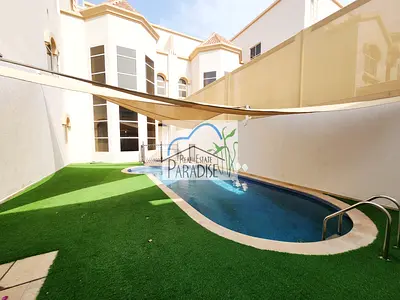 away from fly zone semi independent 4 bedrooms all master/ two separate living & dinning/maids room/elevator/private swimming pool/ for rent in mirdif