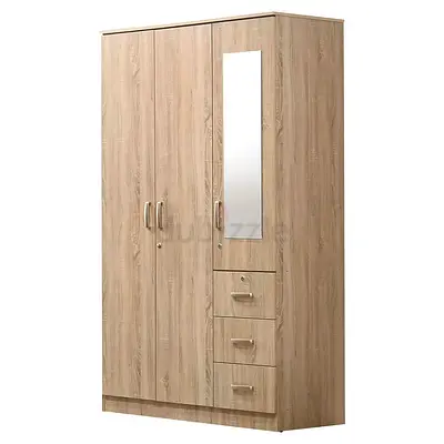 3-Door Wardrobe with Mirror and 3 Drawers - Light Oak Finish
