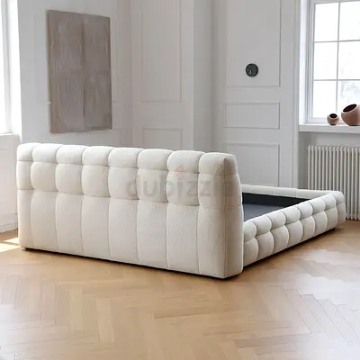 Upholstered Tufted Low Platform Bed Frame - Cream Bouclé (Queen)