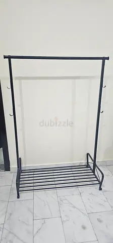 Sturdy Black Metal Garment Rack with Shelf and Hooks - Good Condition Detachable