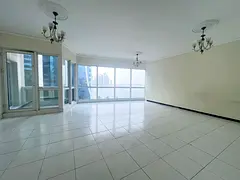 Stunning sea view with a balcony overlooking Al Majaz Corniche. Three-bedroom apartment with a livin