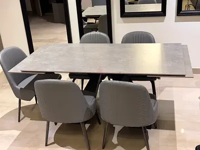 Modern extendable dining table with 6 upholstered chairs