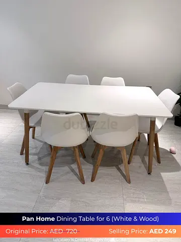 White  Wood Dining Table Set for 6 - Modern Minimalist