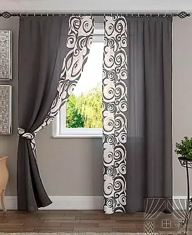 Pair of grey blackout curtains with patterned white inner panels — like new