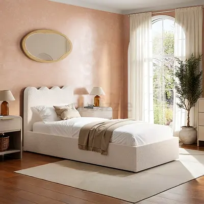 Wavy headboard single boucle storage bed