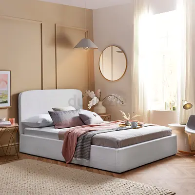 Smoky white boucle queen storage bed