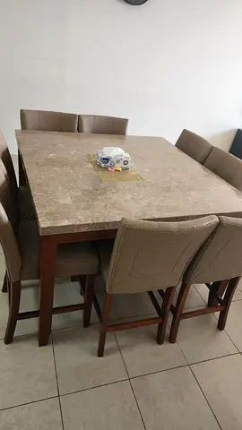 Marble-top Dining Table with 8 Upholstered High Chairs