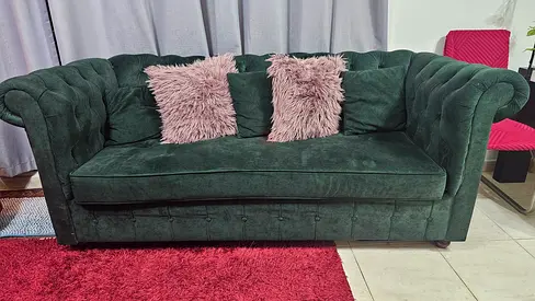 Sofa-5-seater of Deep Green Velvet Chesterfield Armchairs - Good Condition