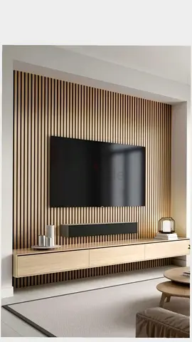 Wall-mounted TV unit with wooden slat feature and floating console