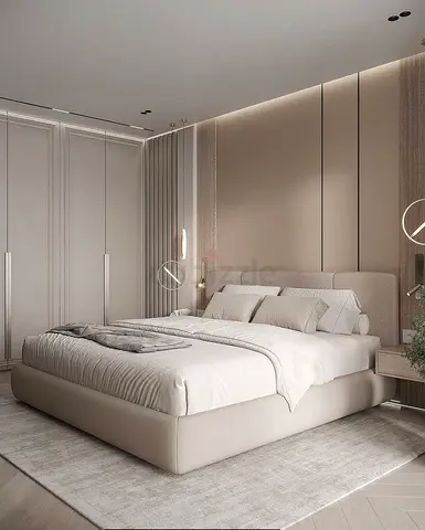 Modern upholstered king bed with padded headboard