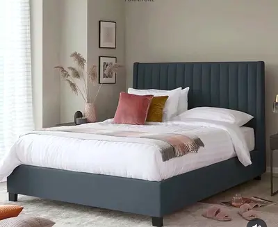 Upholstered Double Bed with Vertical Channel Headboard - Dark Grey