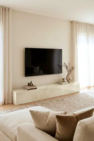 Minimalist Low TV Console /TV Unit in Crema ono  Marble Finish