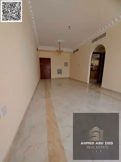 Luxury 1BR with hall, built-in wardrobes, 2 baths, balcony open view, central AC, prime location, ea