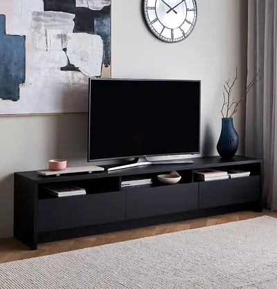 Low-profile modern TV unit / entertainment console in black (3 compartments)