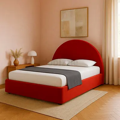 Red Upholstered Double Bed with Rounded Headboard - Good Condition