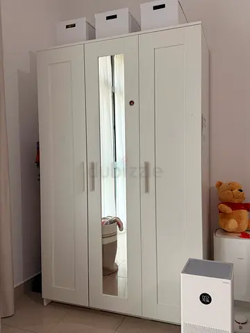 White 3-Door Wardrobe with Full-Length Mirror - Good Condition