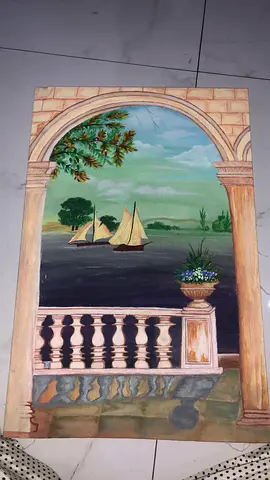 Hand-painted Seascape with Sailboats — Framed Arch View