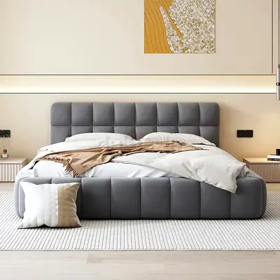 Modern Upholstered Double Bed with Padded Headboard (Grey)